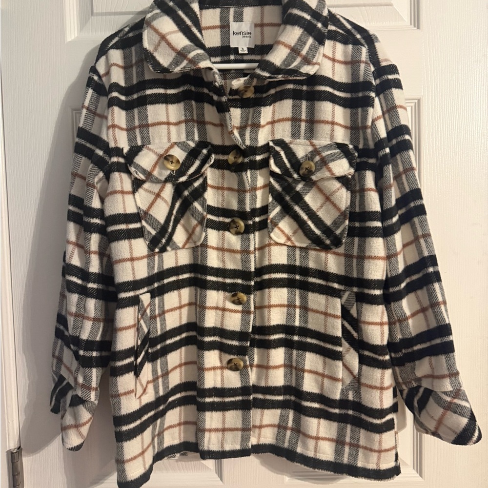 Kensie Jeans Plaid Shacket Jacket Size Small Cream Black‎ Brown Button Front
